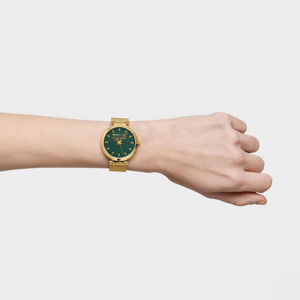 ANALOG WATCH WITH GREEN DIAL AND GOLD S-MESH MIRROR BRACELET