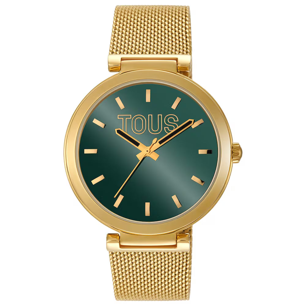 ANALOG WATCH WITH GREEN DIAL AND GOLD S-MESH MIRROR BRACELET