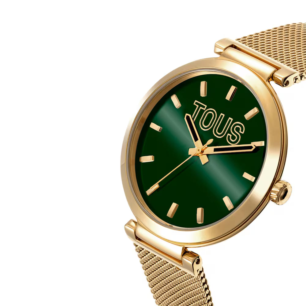 ANALOG WATCH WITH GREEN DIAL AND GOLD S-MESH MIRROR BRACELET