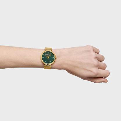 ANALOG WATCH WITH GREEN DIAL AND GOLD S-MESH MIRROR BRACELET